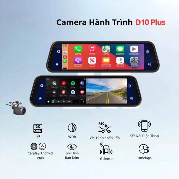Cam Gương Torakam D10plus Carplay - 4K ghi hình đồng thời 2 kênh, kết nối carplay, android auto không dây