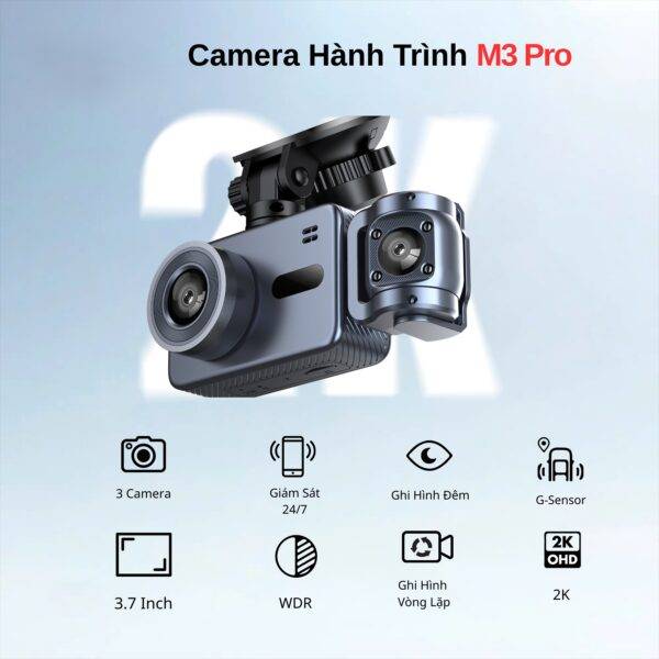 Camera Hành Trình Ô Tô 3 Mắt M3 Pro Chính Hãng Torakam - Quay 2K Ultra hd – quay ban đêm, ghi hình vòng lặp, xem trực tiếp trên điện thoại