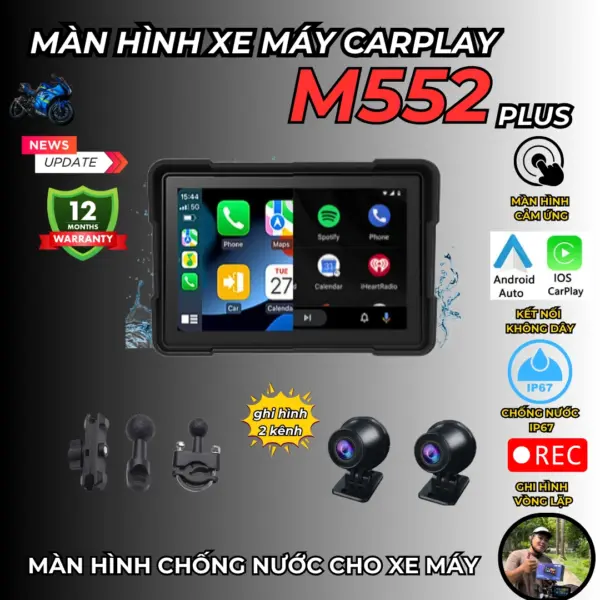Màn hình xe máy M552Plus Full HD 1080, Kết nối CarPlay và Android Auto, Chống nước IP67, Hỗ trợ Bản đồ chỉ đường qua kết nối điện thoại và Ghi hình vòng lặp