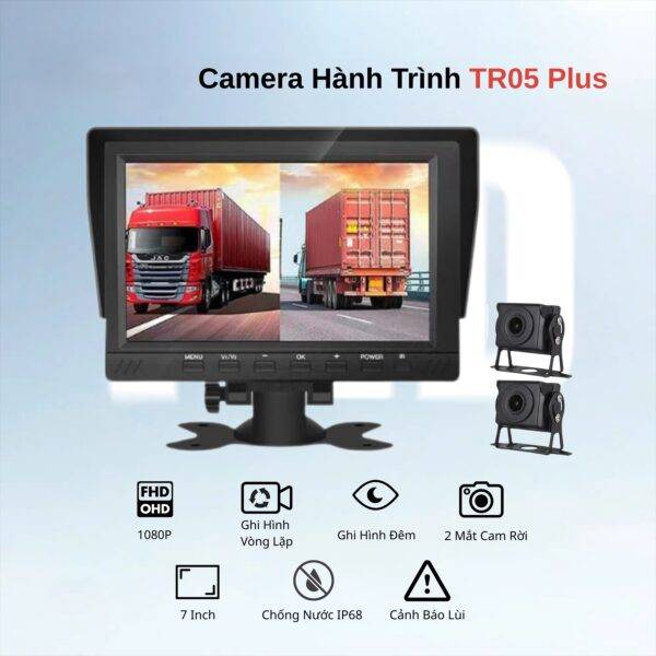 TR05 PLUS - Camera hành trình xe tải 2 mắt rời, ghi hình trước sau, ghi đè vòng lặp thông minh, hỗ trợ vạch kẻ lùi, hỗ trợ hồng ngoại quay đêm