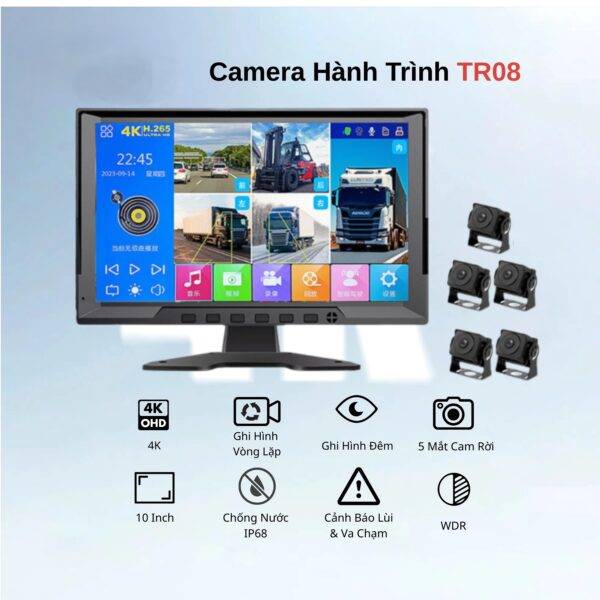 CAM 360 XE TẢI Torakam TR08, màn 10inch cảm ứng ,5 mắt hỗ trợ vạch kẻ lùi, góc cam rộng, 4k sắc nét, cảm biến va chạm, nghe nhạc USB