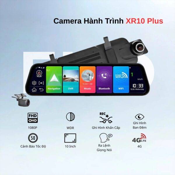 Cam Gương  XR10plus 4G Android camera 8.1, 2 kênh ghi hình đồng thời trước sau xe, cảnh báo tốc độ